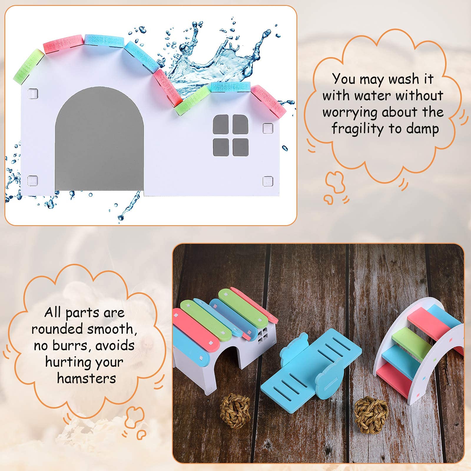 Qpets 3 PiecesHamster Toy Set Include Wooden Hamster House, Rainbow Bridge, Hamster Seesaw Toy DIY Wooden Exercise Play Toys, Small Pet House for Small Hamsters Mice Gerbil Qpets 3 PiecesHamster Toy Set Include Wooden Hamster House, Rainbow Bridge, Hamster Seesaw Toy DIY Wooden Exercise Play Toys, Small Pet House for Small Hamsters Mice Gerbil